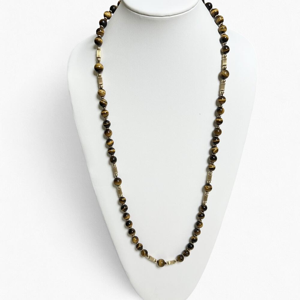 Tigers Eye Beaded Necklace Vintage Gold Tone Fluted Tube Spacers Retro 70s Boho - Picture 3 of 11